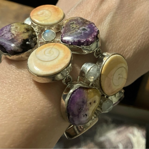 Shiva Eye Operculum (Gomti Chakra) Moonstone & Purple Agate 925 Silver Bracelet - Picture 2 of 9